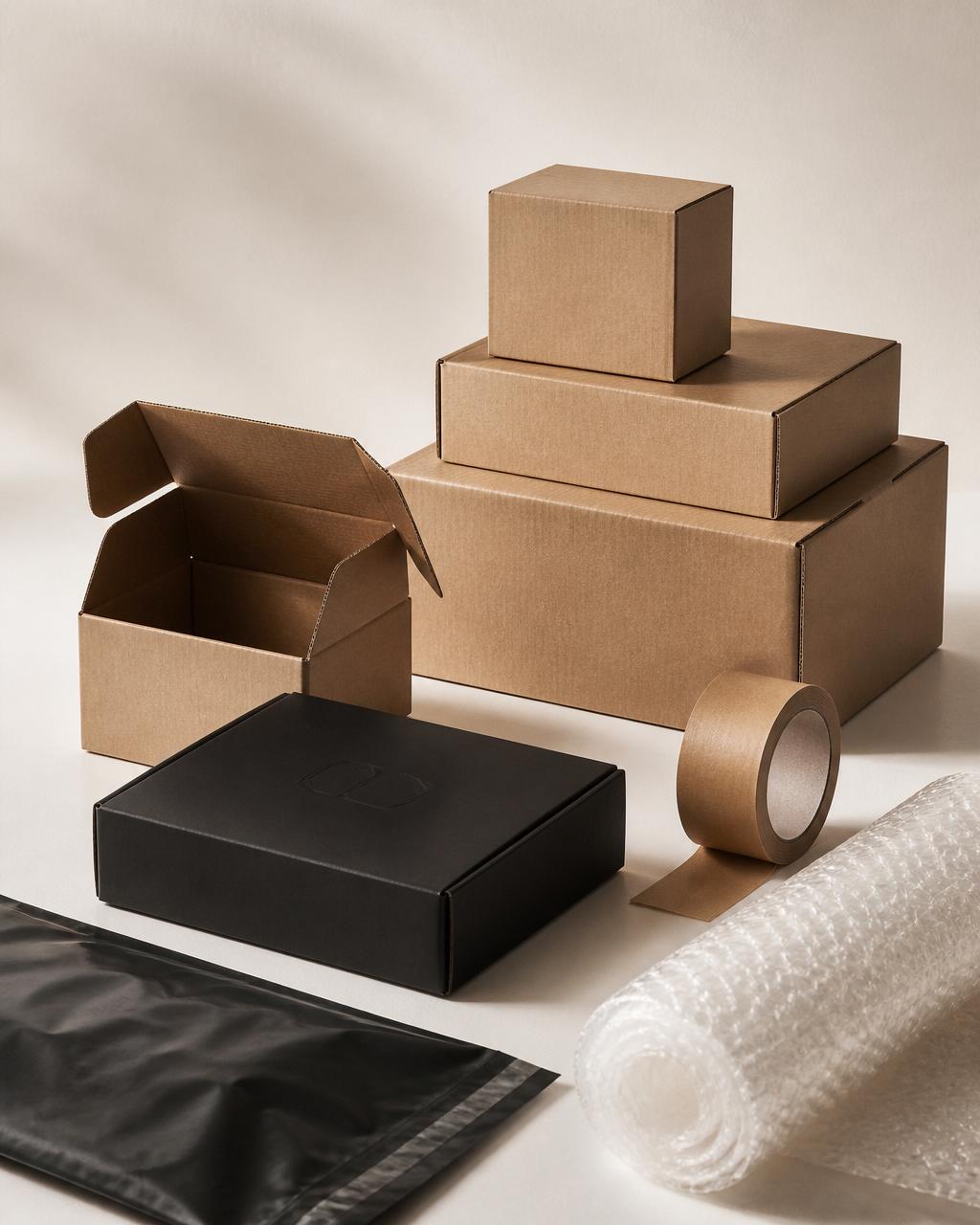 Premium corrugated boxes, custom matte black mailer, kraft tape and bubble wrap